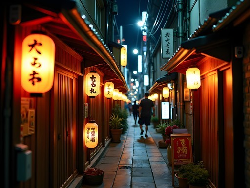 Atmospheric narrow alley of Nonbei Yokocho in Shibuya at night with tiny izakayas