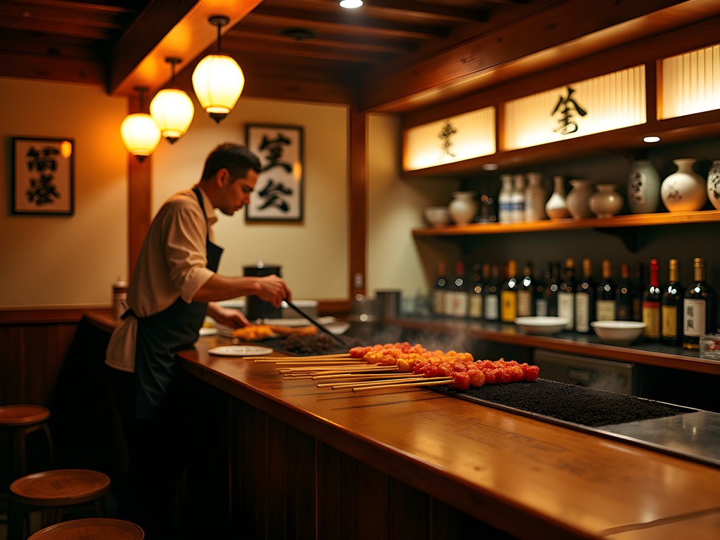 Intimate interior of a traditional Tokyo izakaya showing counter seating with chef grilling yakitori