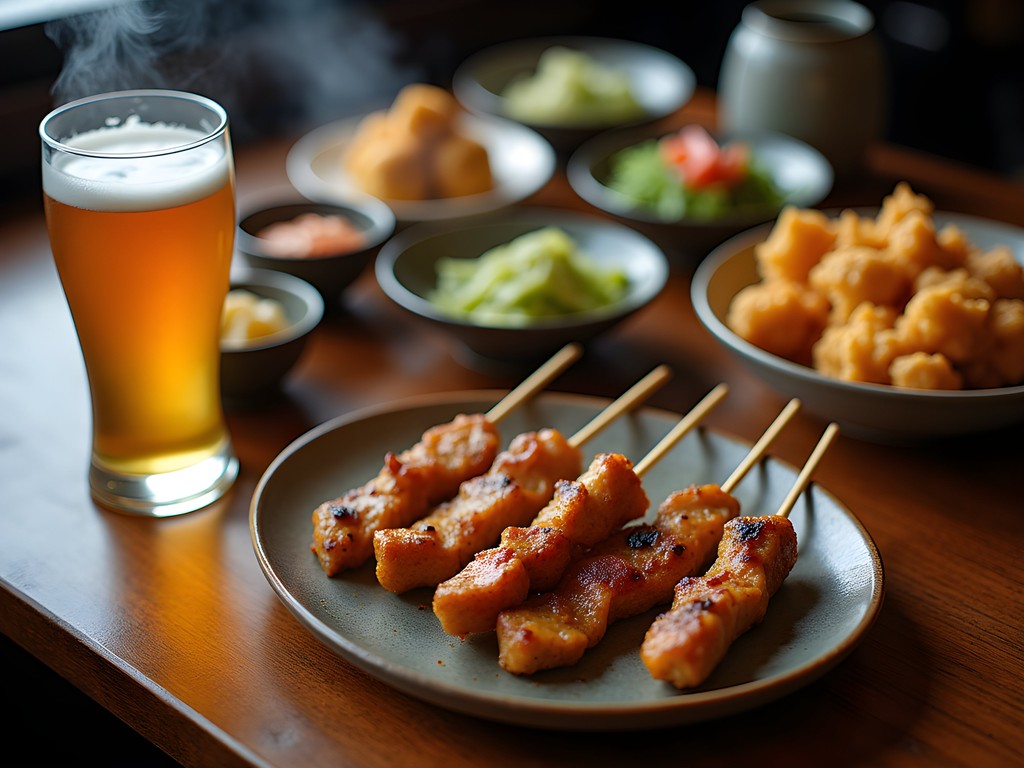 Traditional izakaya food spread featuring grilled yakitori skewers, karaage fried chicken, and small plates with beer and sake