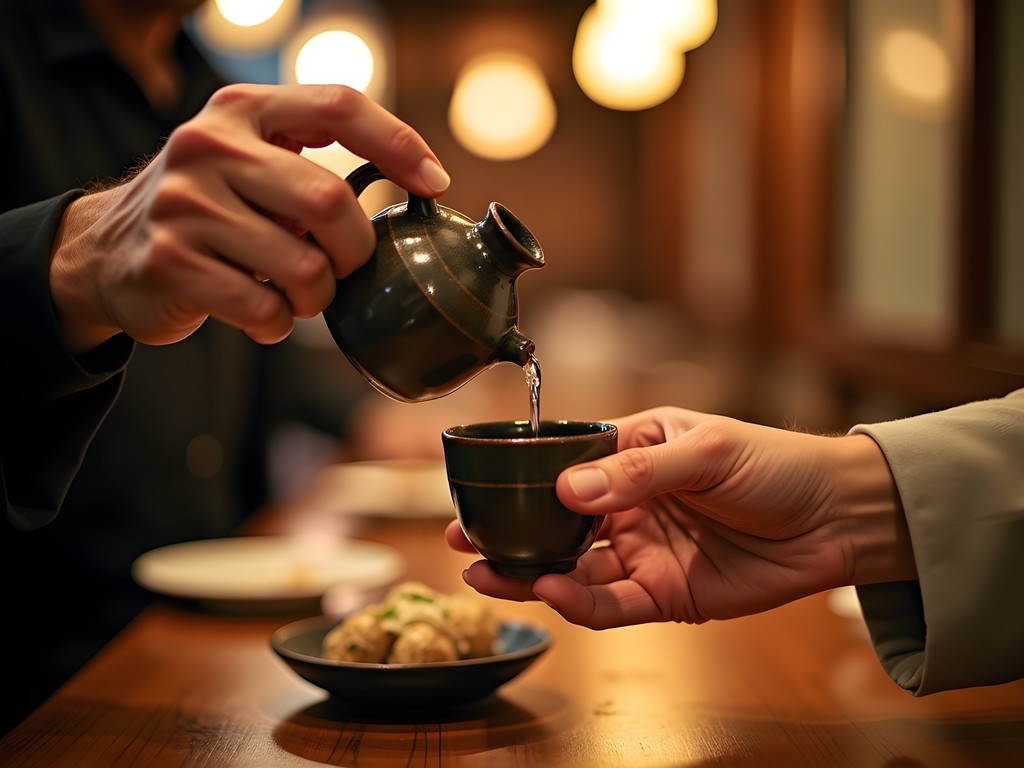 Japanese dining etiquette showing traditional sake pouring between friends in an izakaya