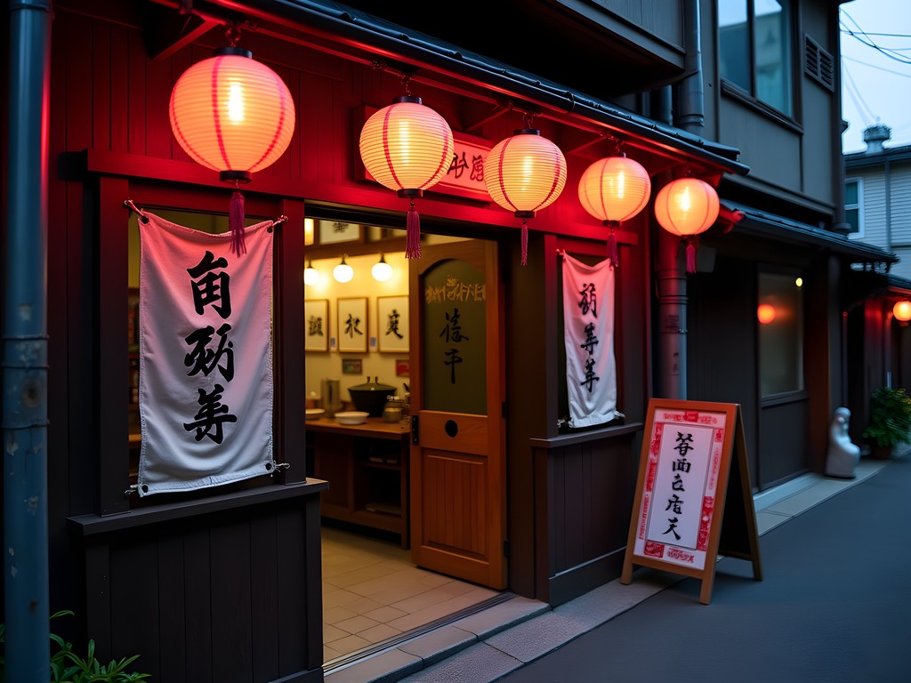 Traditional izakaya entrance in Tokyo with noren curtains and lanterns