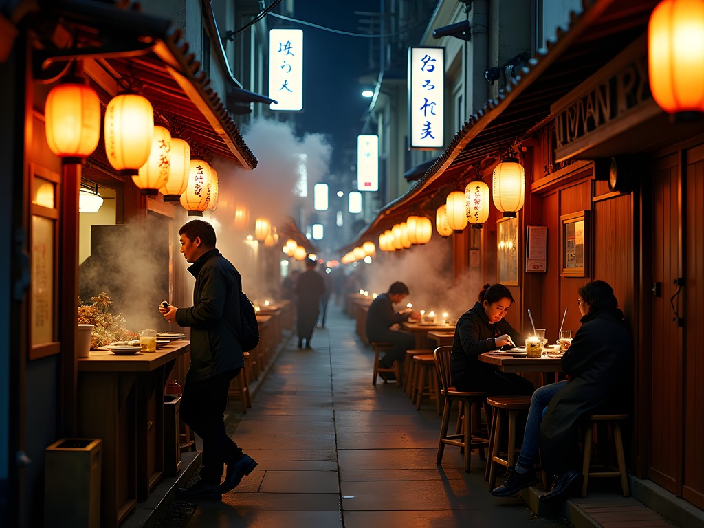 Narrow Japanese yokocho alley filled with small izakayas at night