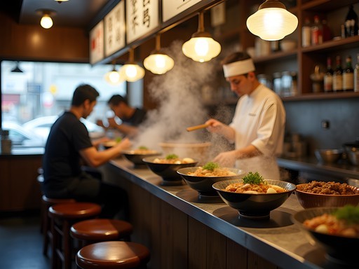 Authentic Tokyo ramen shop with counter seating and steaming bowls of tonkotsu ramen