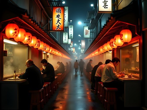 Atmospheric yakitori alley in Shinjuku with smoke and lanterns illuminating small food stalls