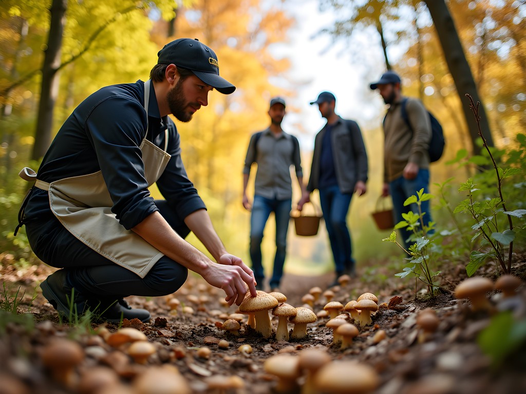 Couple foraging for mushrooms with chef in woodland near Topeka