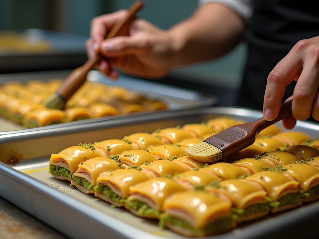 Lebanese pastry chef preparing traditional baklava in Tripoli sweet shop