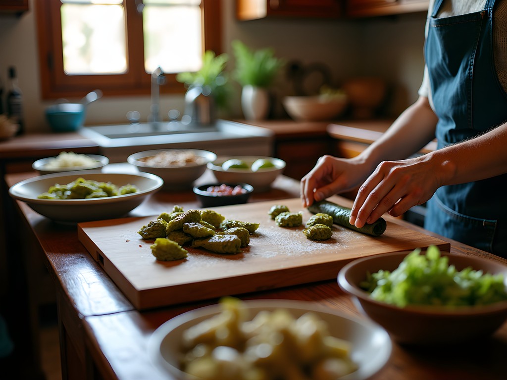 Traditional Lebanese cooking class showing preparation of stuffed grape leaves in Tripoli home kitchen