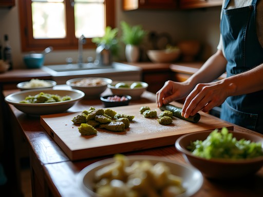 Traditional Lebanese cooking class showing preparation of stuffed grape leaves in Tripoli home kitchen