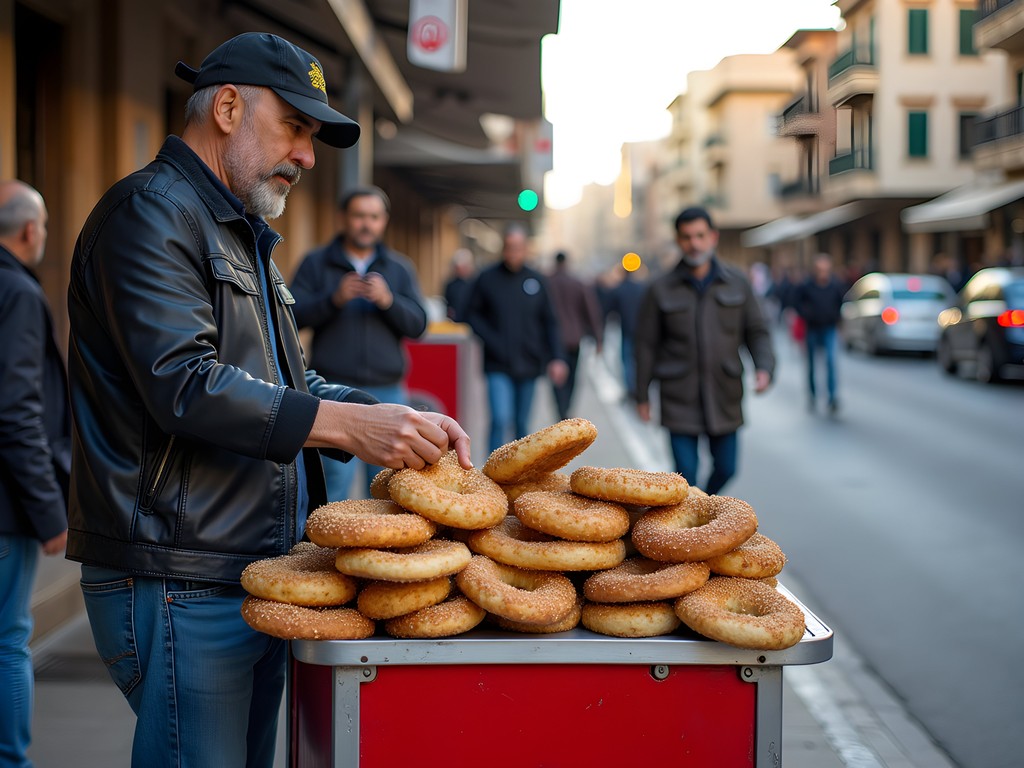 Traditional Lebanese kaak vendor with red cart selling sesame bread rings in Tripoli
