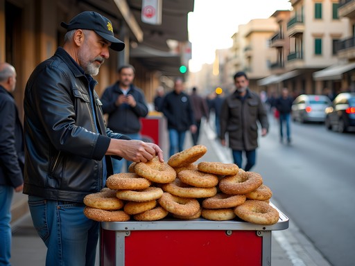 Traditional Lebanese kaak vendor with red cart selling sesame bread rings in Tripoli