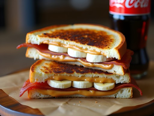 Decadent Elvis-inspired peanut butter, banana and bacon sandwich on grilled bread