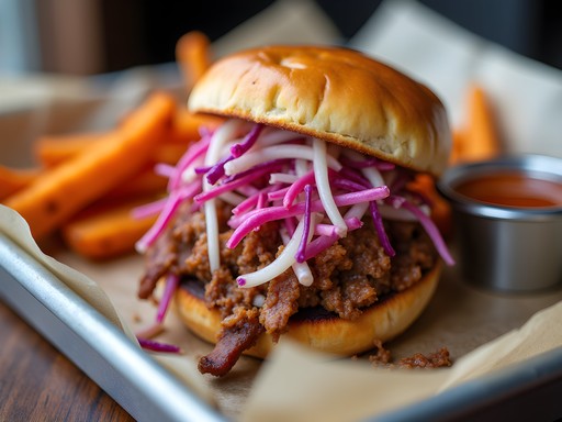 Korean-Southern fusion dish featuring bulgogi-style pulled pork sandwich with kimchi slaw