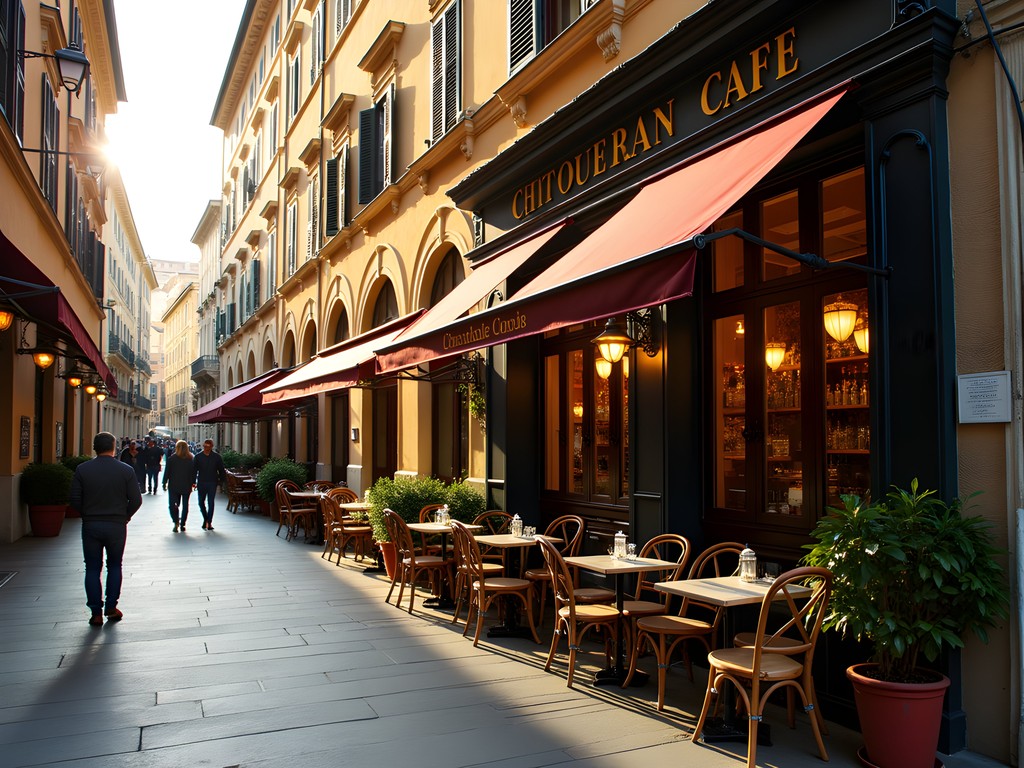 Historic chocolate café in Turin with morning light streaming through porticoed streets