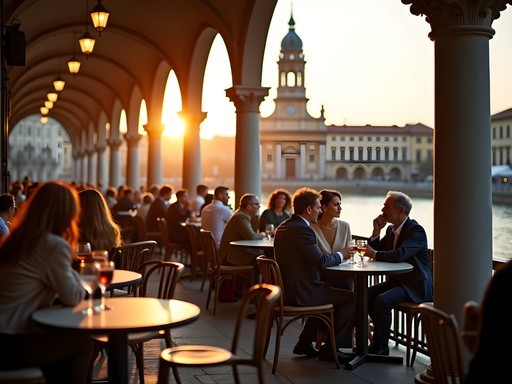 Evening aperitivo scene in Piazza Vittorio Veneto with outdoor tables and the Po River view