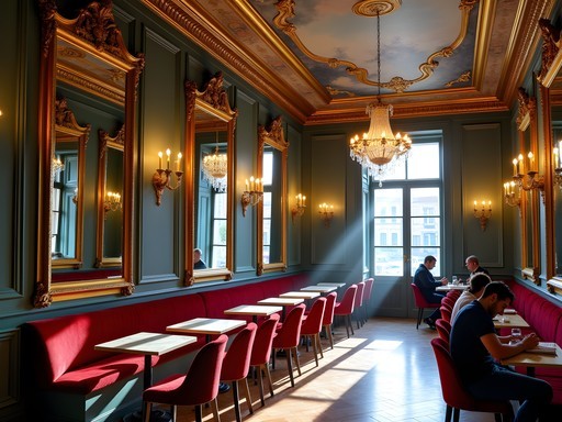 Ornate interior of historic Turin café with crystal chandeliers and gilded mirrors