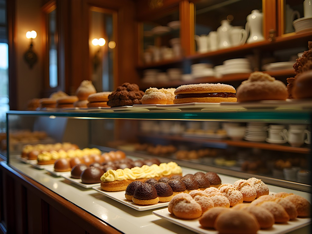 Elegant pastry display in historic Turin pasticceria with traditional Piedmontese sweets