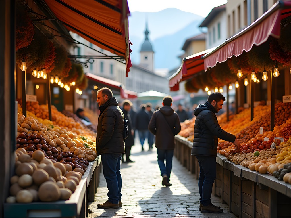 Morning scene at Porta Palazzo market with seasonal produce and Alpine view in background
