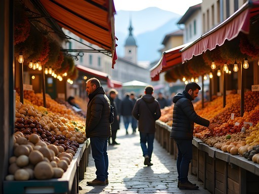 Morning scene at Porta Palazzo market with seasonal produce and Alpine view in background