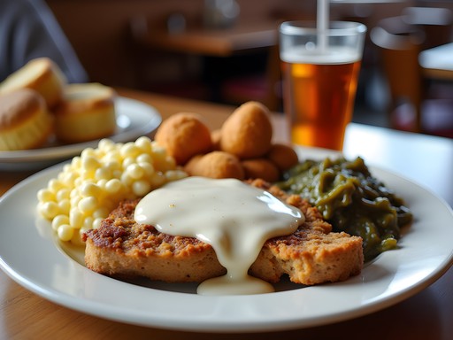 Traditional meat-and-three plate with country fried steak, collard greens, mac and cheese, and fried green tomatoes