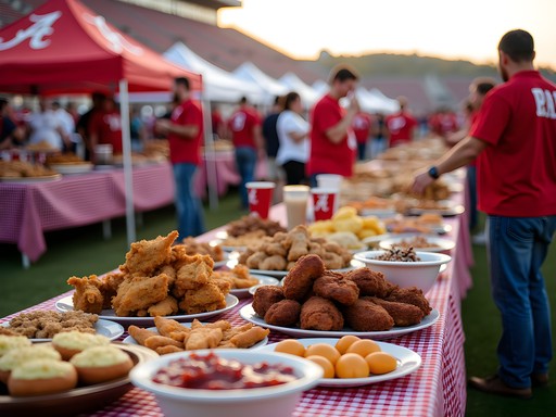 Elaborate gameday tailgate spread with Southern food favorites in Tuscaloosa