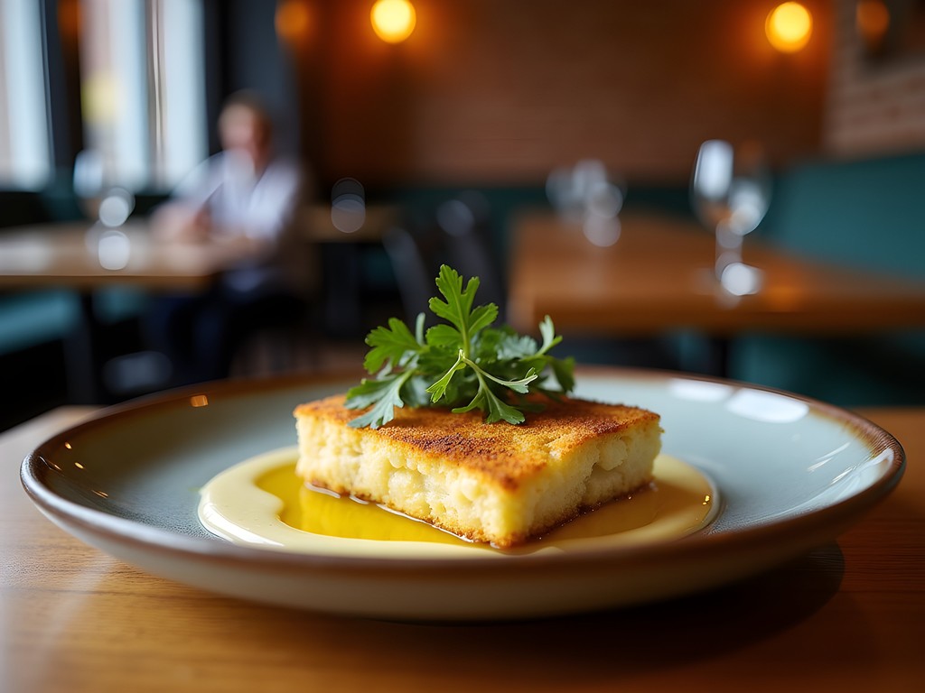 Elegantly plated cornmeal-crusted catfish with preserved lemon aioli at The Side by Side Restaurant in Tuscaloosa