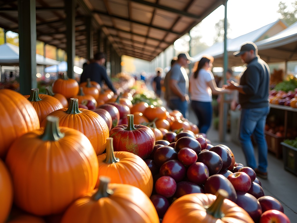 Colorful fall produce display at Tuscaloosa River Market with local farmers and shoppers