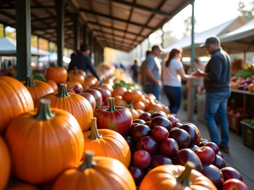Colorful fall produce display at Tuscaloosa River Market with local farmers and shoppers