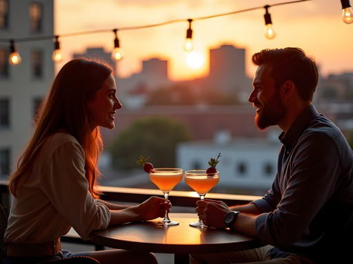 Couple enjoying craft cocktails on Hotel Indigo's rooftop bar with sunset views over Tuscaloosa