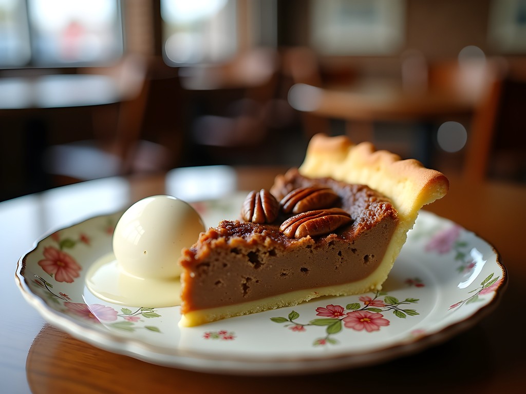 Slice of golden pecan pie with scoop of vanilla ice cream on vintage plate at Heritage House Coffee & Tea