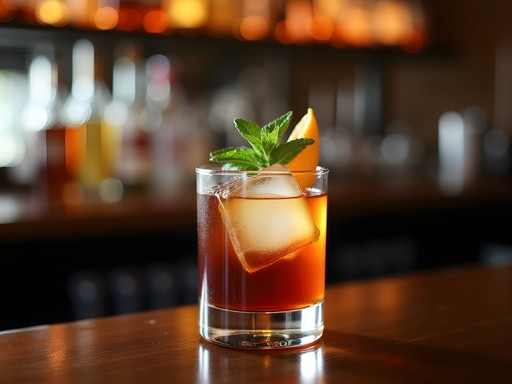 Artisanal bourbon cocktail with fresh herbs and large ice cube at The Avenue Pub in Tuscaloosa