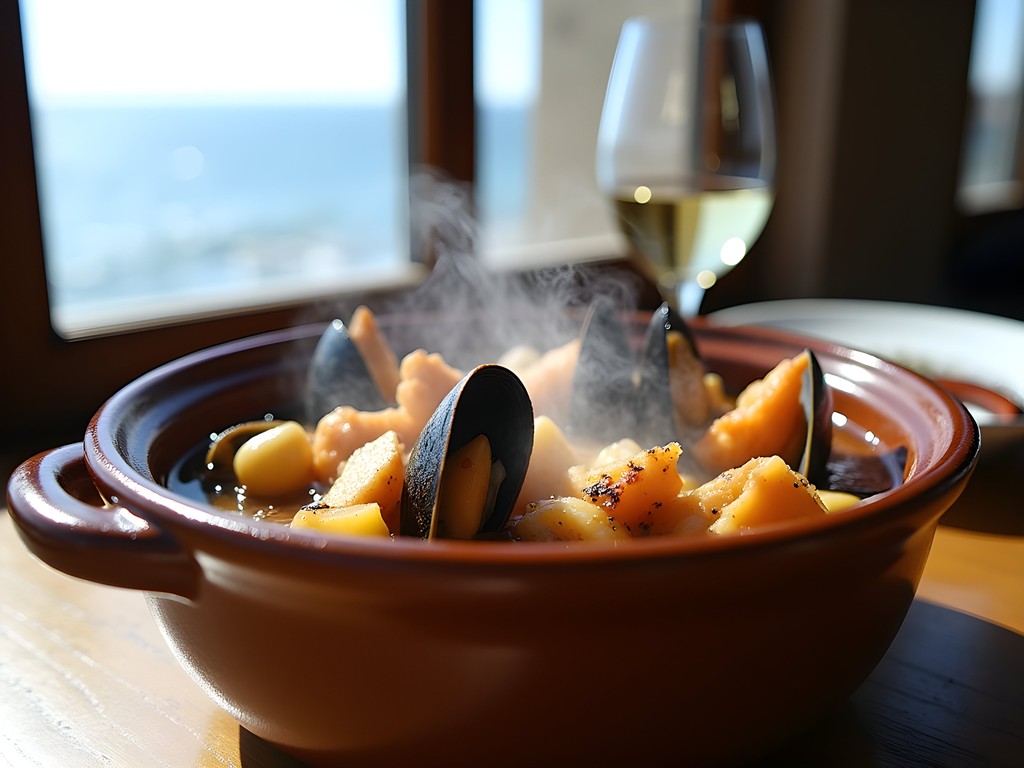 Steaming bowl of paila marina seafood stew with ocean view in background