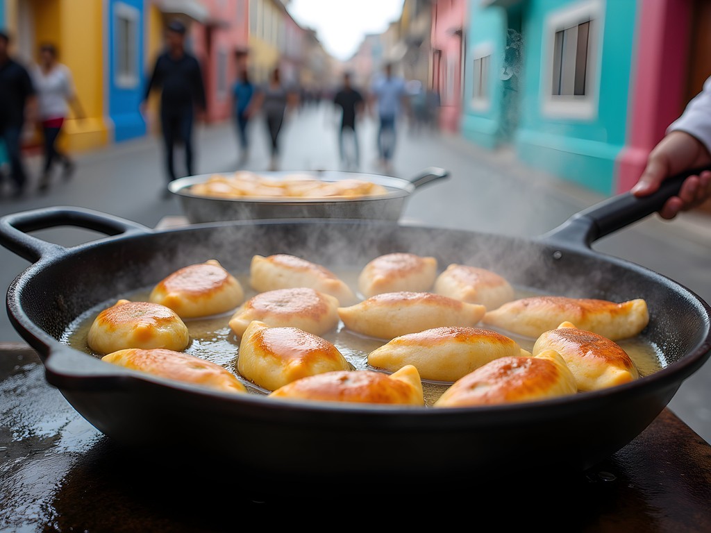 Freshly fried seafood empanadas being prepared at street food stand in Valparaíso