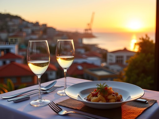 Sunset view from restaurant terrace overlooking colorful Valparaíso hills and harbor