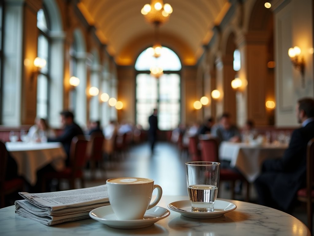 The grand vaulted interior of Café Central in Vienna with marble tables and traditional Thonet chairs