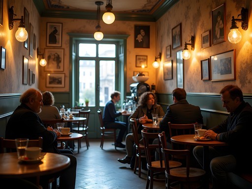 The intimate interior of Café Hawelka in Vienna at evening time with soft lighting and patrons enjoying Buchteln