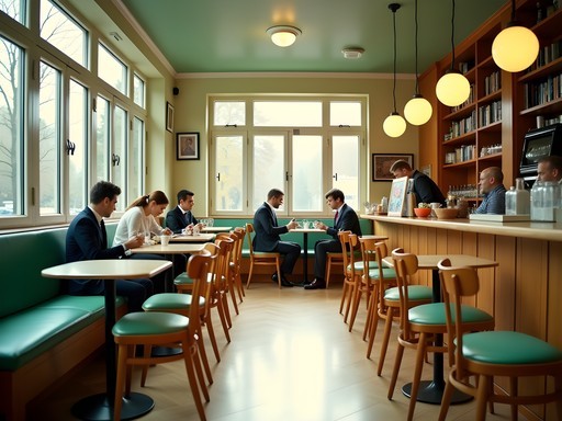 The distinctive mid-century modern interior of Café Prückel with mint green upholstery and globe lighting
