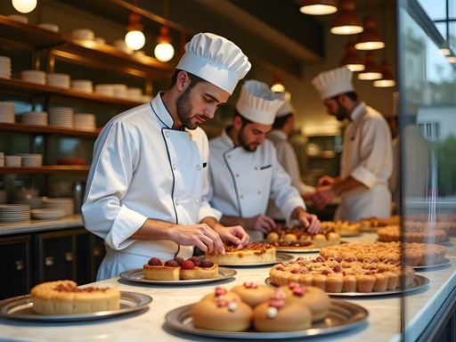 The glass-walled pastry kitchen at Café Demel where visitors can watch confectioners at work