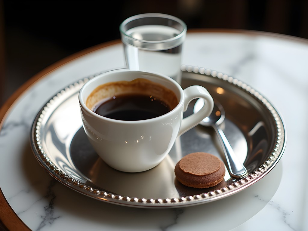 Traditional Viennese coffee service with silver tray, glass of water, and various coffee specialties