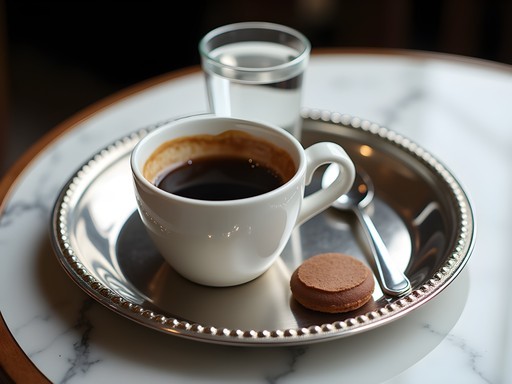 Traditional Viennese coffee service with silver tray, glass of water, and various coffee specialties