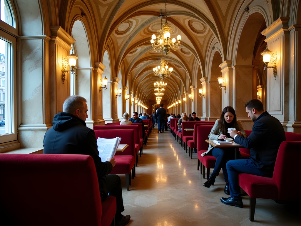 Ornate neo-Gothic interior of Café Central Vienna with marble columns and vaulted ceilings