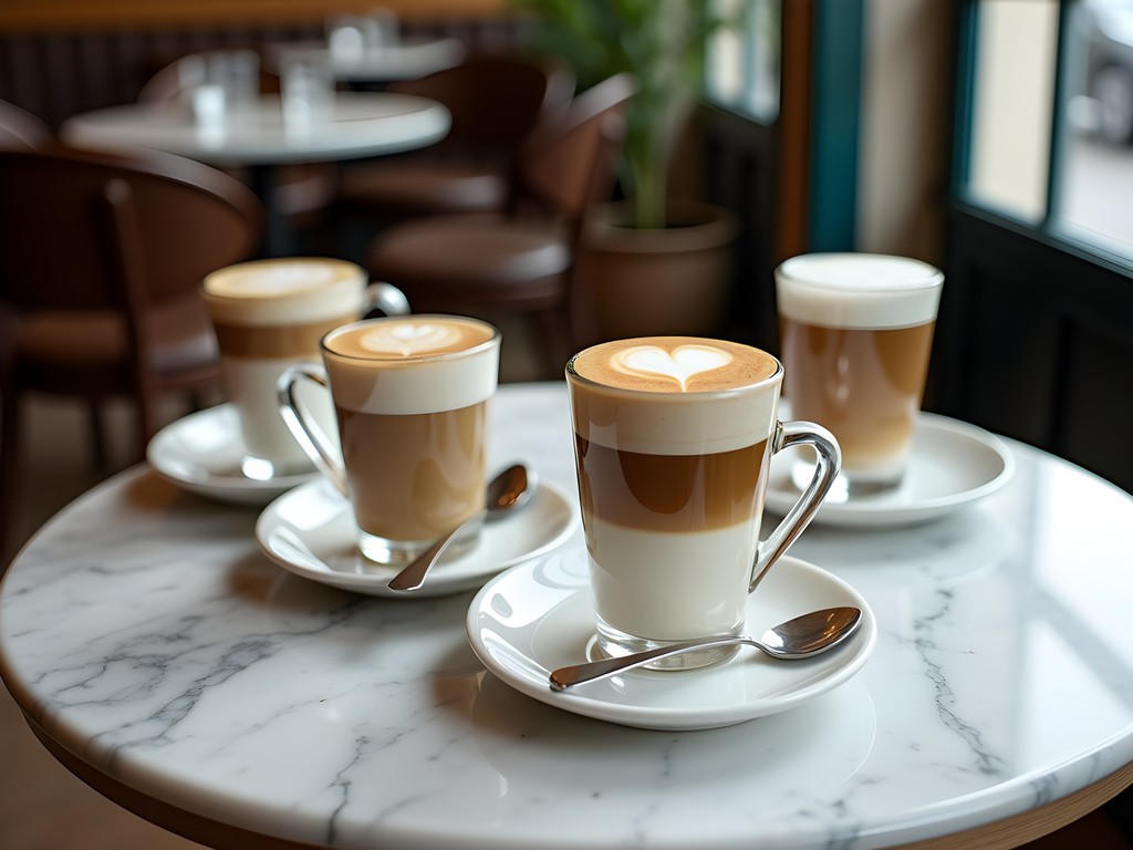 Traditional Viennese coffee varieties displayed on marble table with proper serving accessories
