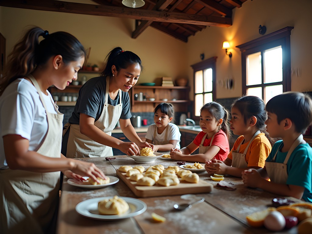 Family participating in traditional cooking class in Vigan
