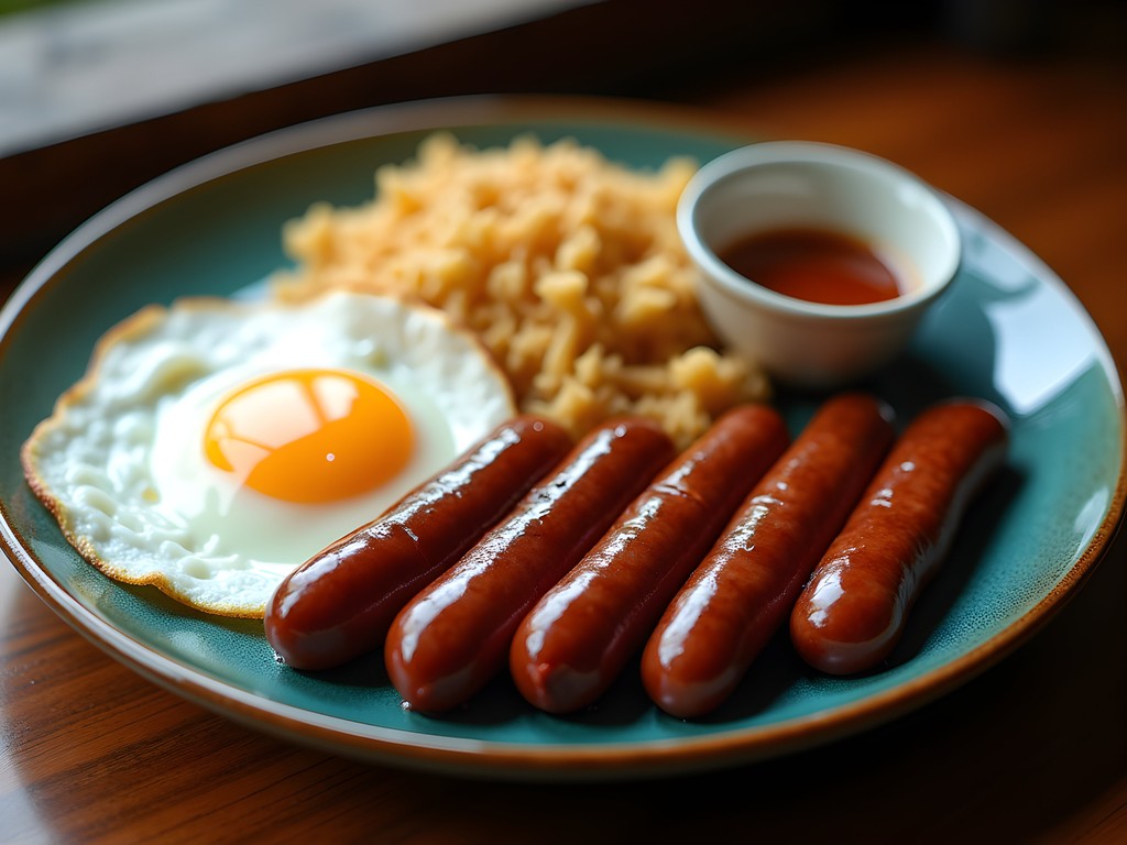 Traditional Vigan longsilog breakfast with garlic rice and egg