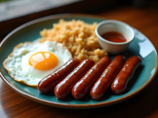 Traditional Vigan longsilog breakfast with garlic rice and egg