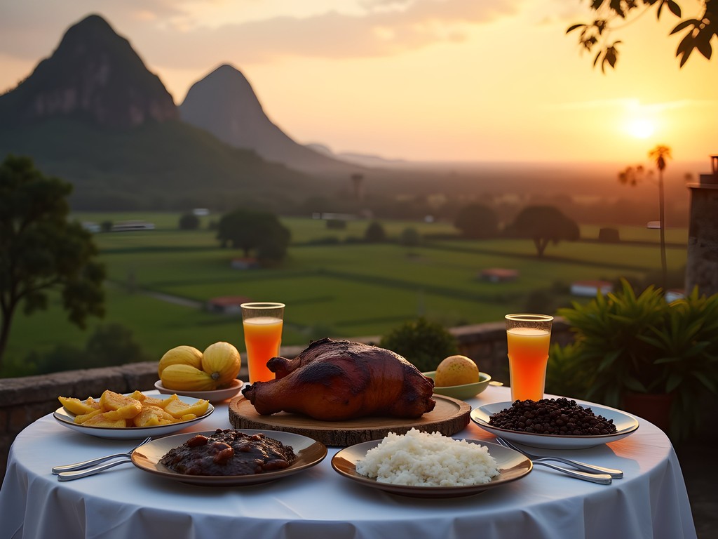 Traditional Cuban dinner spread on casa particular rooftop overlooking Viñales Valley at sunset