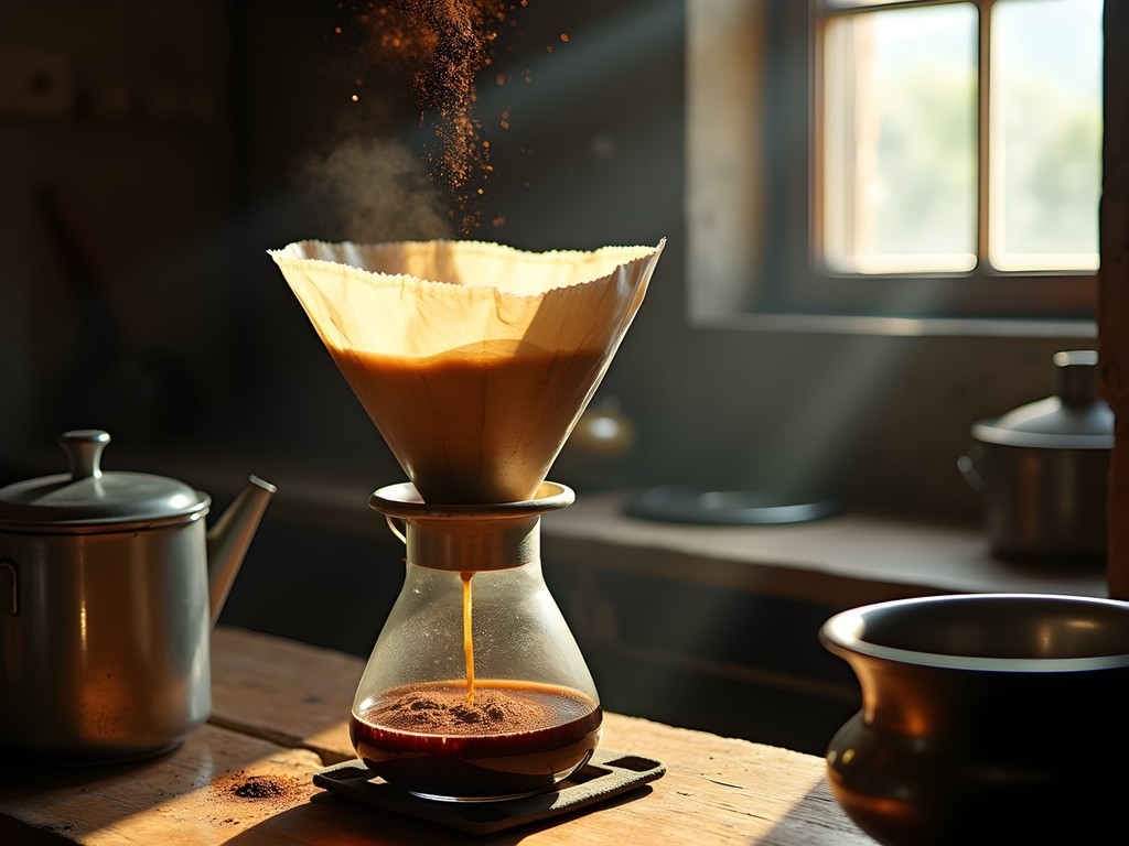Traditional Cuban coffee being prepared with cloth filter method in rustic kitchen
