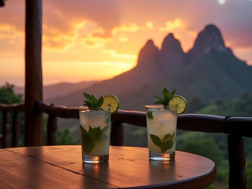 Mojitos being enjoyed on terrace overlooking Viñales Valley at sunset with dramatic limestone formations