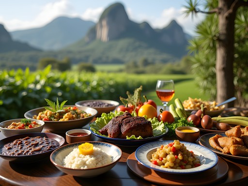Abundant farm-to-table feast at Cuban tobacco farm with limestone mogotes in background
