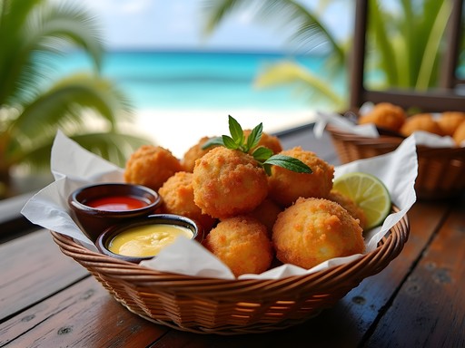 Traditional Caymanian conch fritters with dipping sauce at Macabuca Bar West Bay