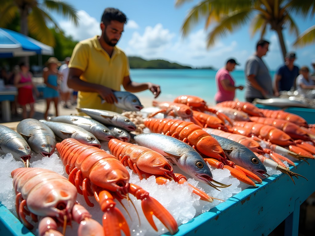 Fresh seafood display at Camana Bay Farmers Market West Bay Cayman Islands